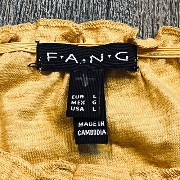 F.A.N.G. Mustard Yellow Boho Peasant Top L | Lace Trim & Bead Tie Accent - Picture 4 of 9